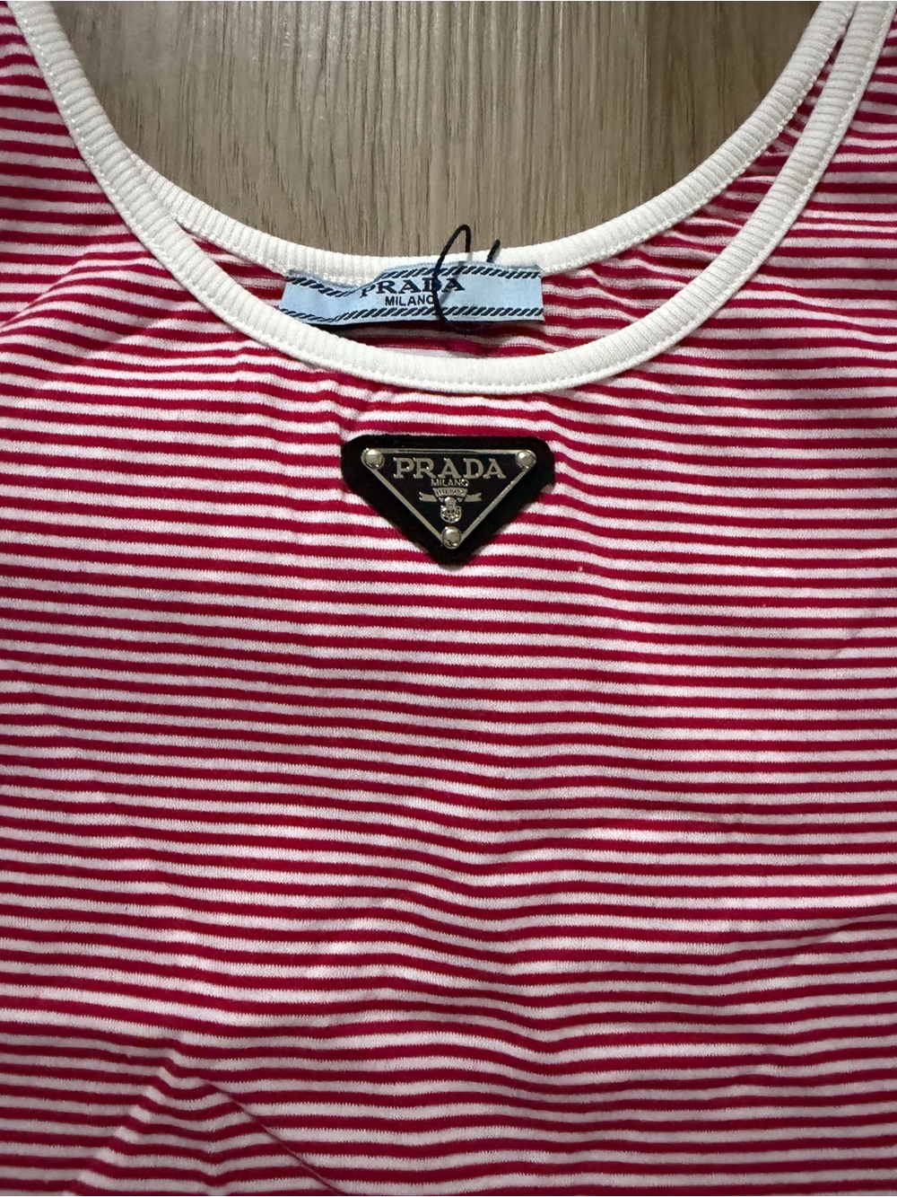 Prada Red and White Striped Sleeveless Top with Triangle Logo - Picture 2 of 6